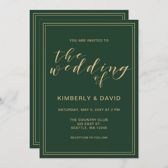 Grönt och Guld Bröllop Inbjudningar (Fram/baksida)