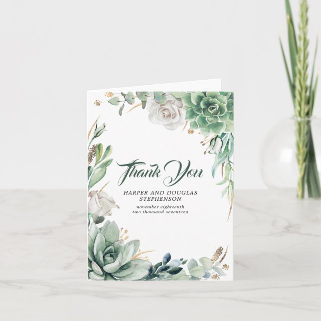 Grönt och Guld Bröllop Tack Kort (Framsida)