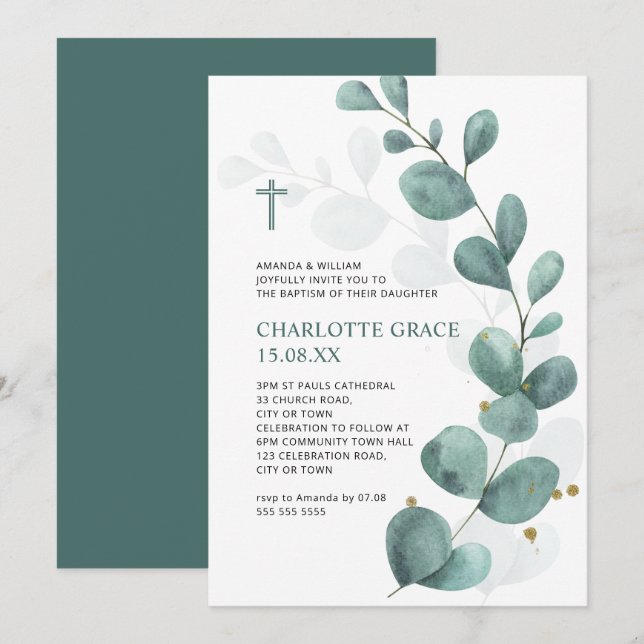 Grönt och Guld Eucalyptus Baptism Inbjudningar (Fram/baksida)