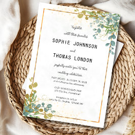 Grönt och guld eucalyptus vattenfärg bröllop inbjudningar