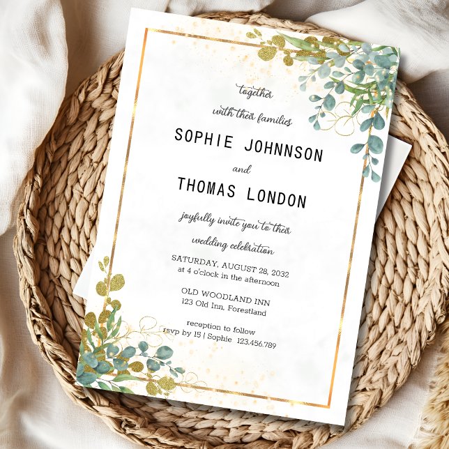 Grönt och guld eucalyptus vattenfärg bröllop inbjudningar (Skapare uppladdad)