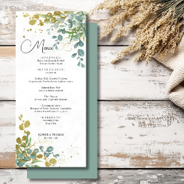 Grönt och guld eucalyptus vattenfärg bröllop meny
