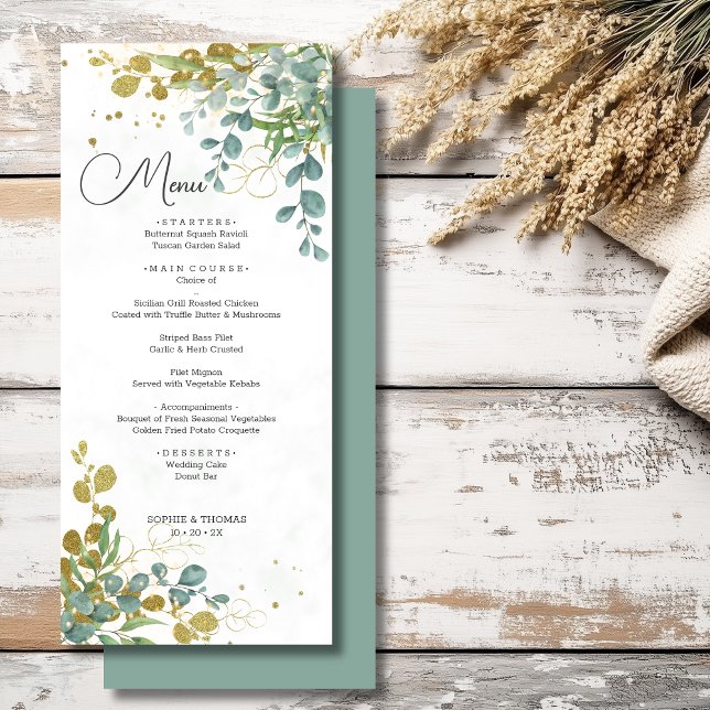 Grönt och guld eucalyptus vattenfärg bröllop meny (Skapare uppladdad)