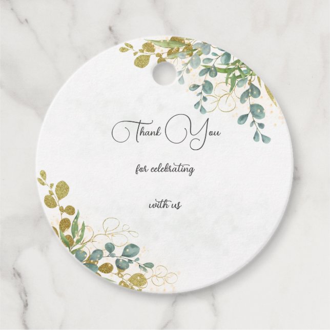 Grönt och guld eucalyptus vattenfärg tack. gåvor etiketter (Framsida)