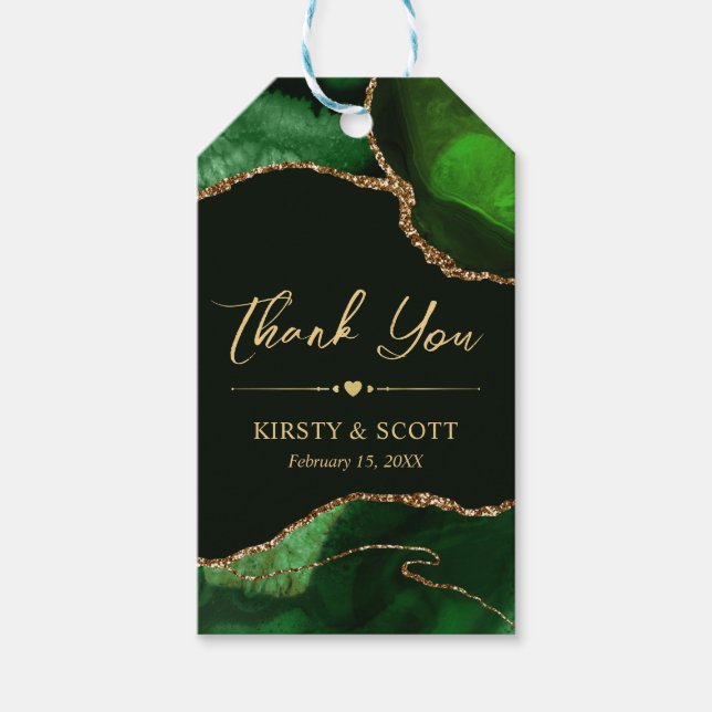Grönt och Guld Faux Glitter Agate Bröllop Presentetikett (Framsidan)
