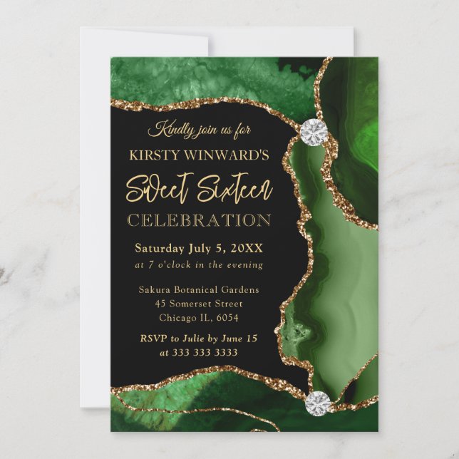 Grönt och Guld Faux Glitter Agate Sweet 16 Inbjudningar (Framsida)