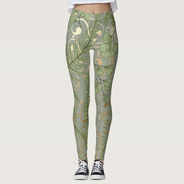 Grönt och Guld Fern Mönster Leggings (Framsida)