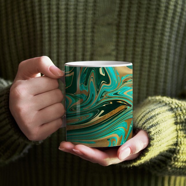 Grönt och Guld flytande marmor Kaffemugg (Emerald Green and Gold Paint Pour Mug)