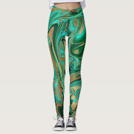 Grönt och Guld flytande marmor Leggings