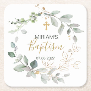 Grönt och guld foliage Baptism Papper Underlägg Kvadrat