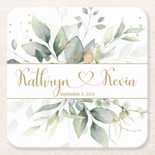 Grönt och Guld Foliage Bröllop Square Underlägg Papper Kvadrat