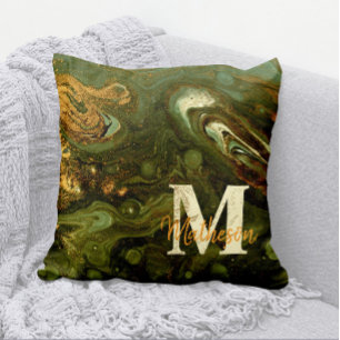 Grönt och Guld Geode + Speckles Monogram + Namn Kudde