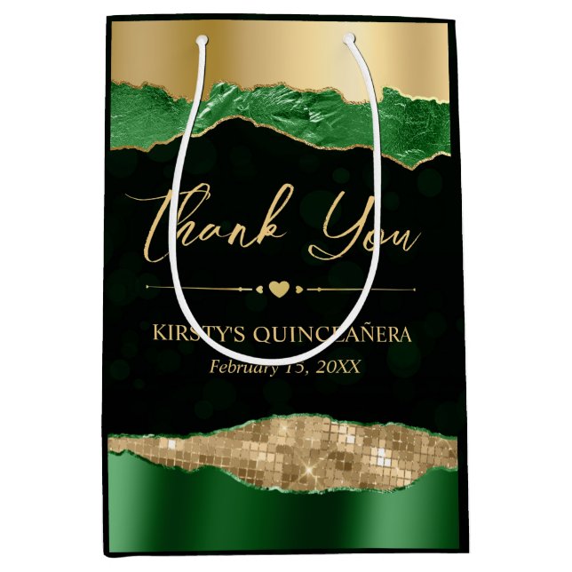 Grönt och Guld Glam Tårar Bokeh Quinceanera (Framsidan)