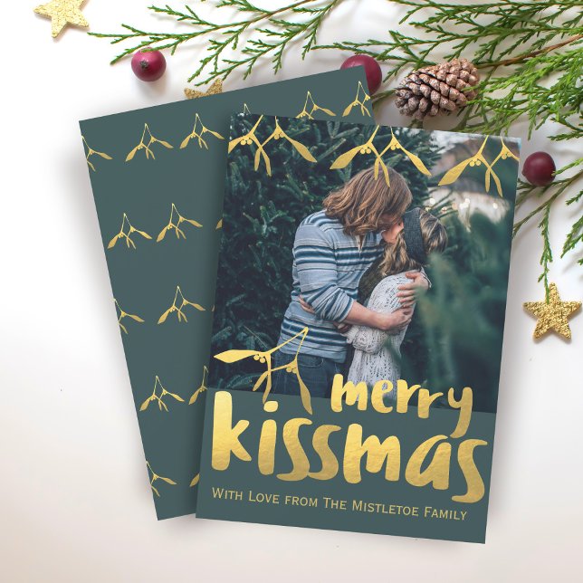 Grönt och guld glatt julkyss foto julkort (Add your photo and getting to this modern Merry Kissmas Christmas Card)