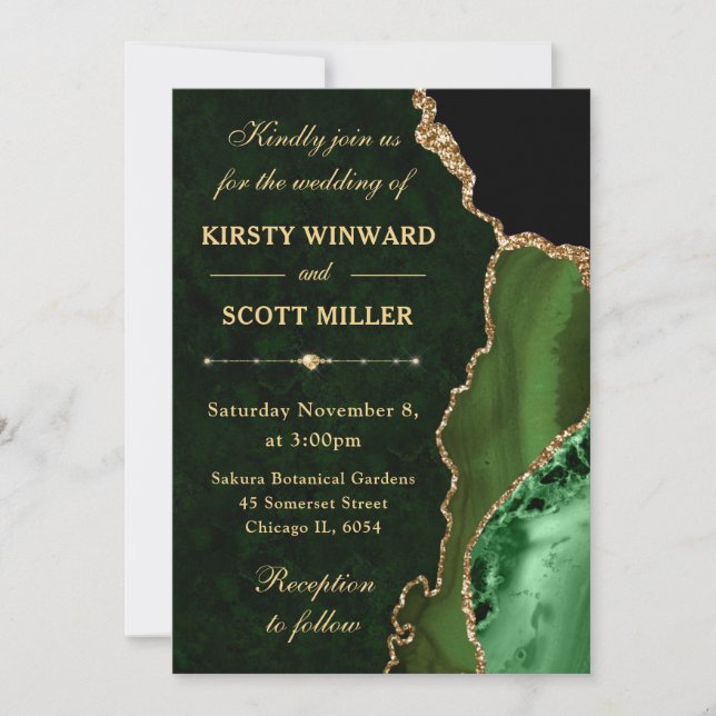 Grönt och Guld Glitter Agat och marmor Bröllop Inbjudningar (Framsida)