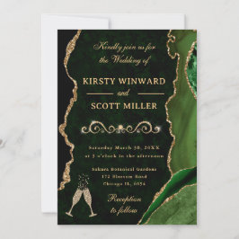 Grönt och Guld Glitter Agate & Marble Bröllop Inbjudningar