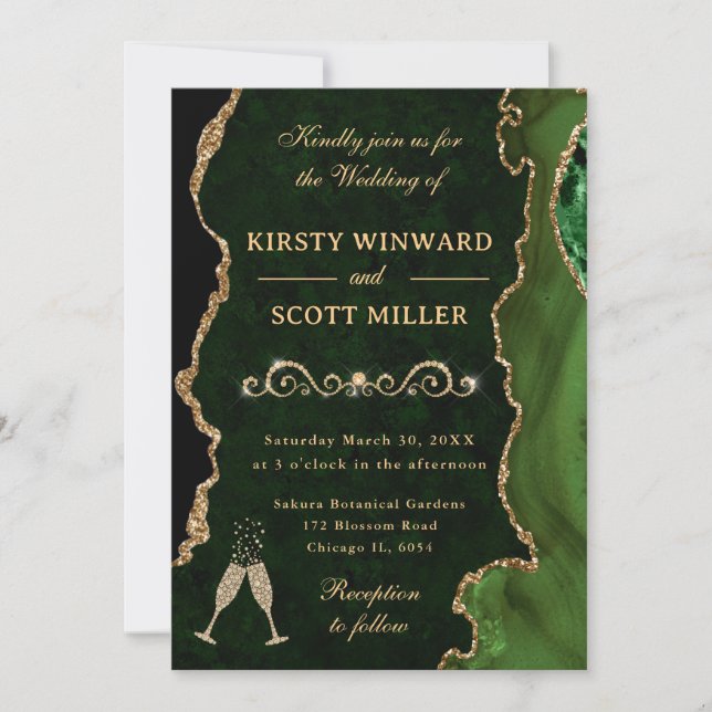 Grönt och Guld Glitter Agate & Marble Bröllop Inbjudningar (Framsida)