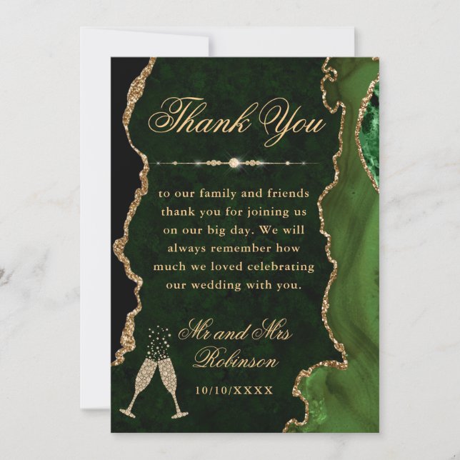 Grönt och Guld Glitter Agate & Marble Bröllop Tack Kort (Framsida)