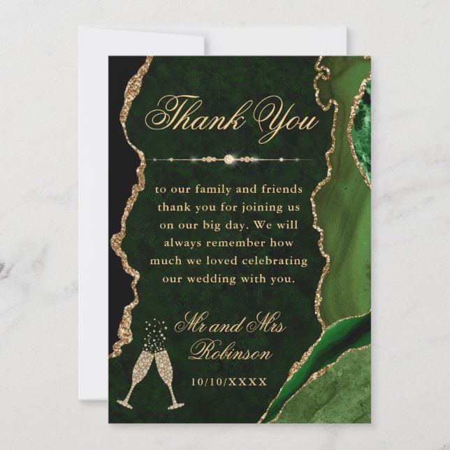 Grönt och Guld Glitter Agate & Marble Bröllop Tack Kort (Framsida)
