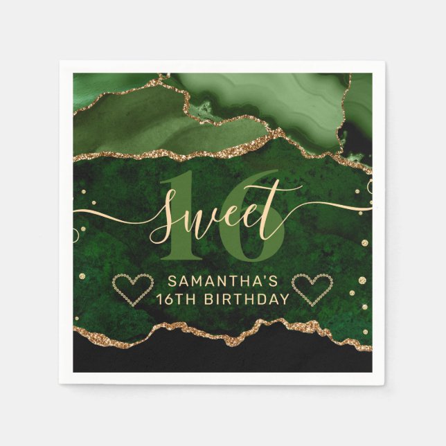 Grönt och Guld Glitter Agate Marble Sweet 16 Pappersservett (Framsidan)