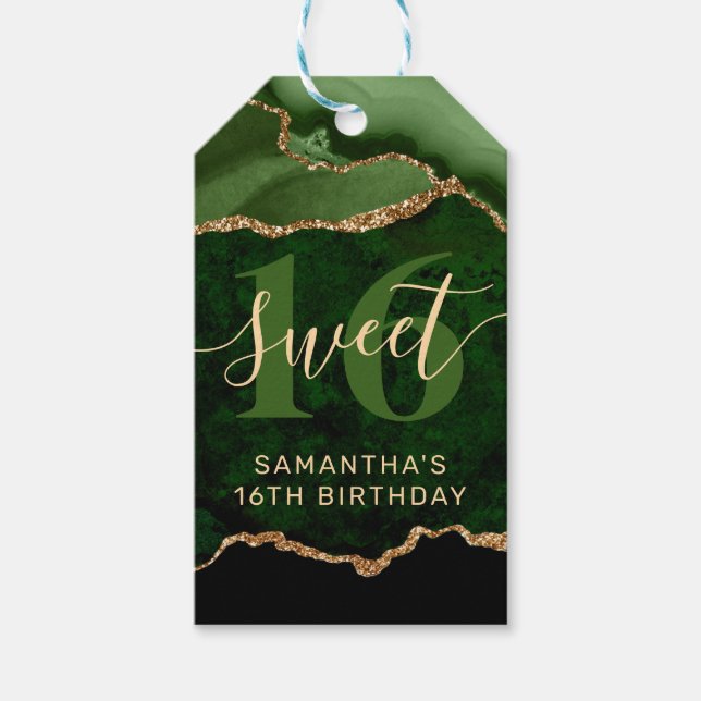 Grönt och Guld Glitter Agate Marble Sweet 16 Presentetikett (Framsidan)