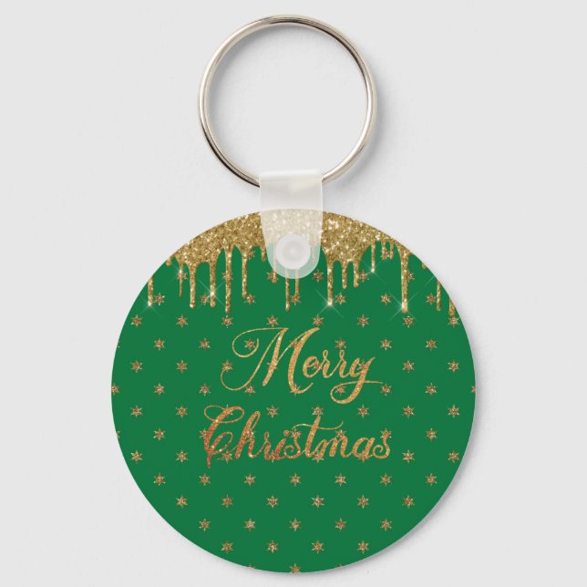 Grönt och guld glitter - god jul nyckelring (Framsida)