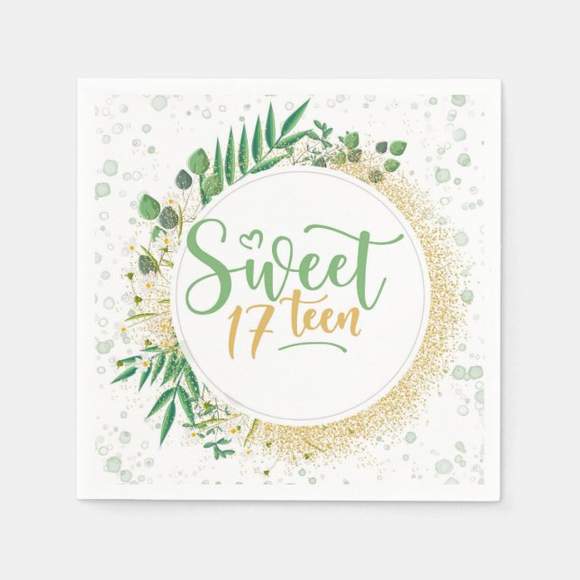 Grönt och Guld Glitter Sweet 17:e Födelsedagsfeste Pappersservett (Framsidan)