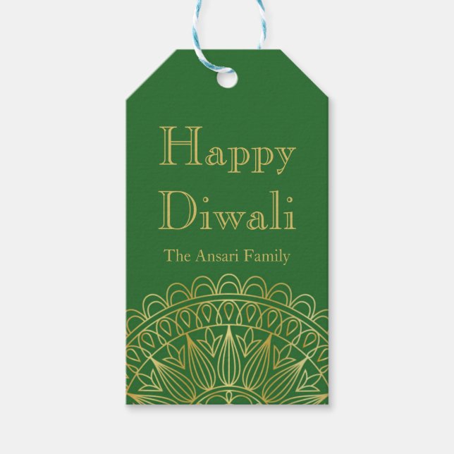 Grönt och Guld Indiska Mönster Diwali Presentetikett (Framsidan)