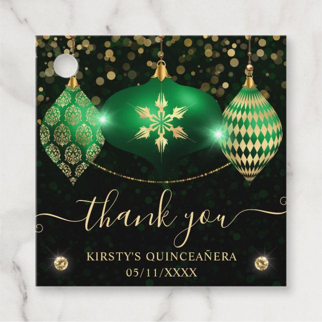 Grönt och Guld Jul Baubles Quinceanera Gåvor Etiketter (Framsida)