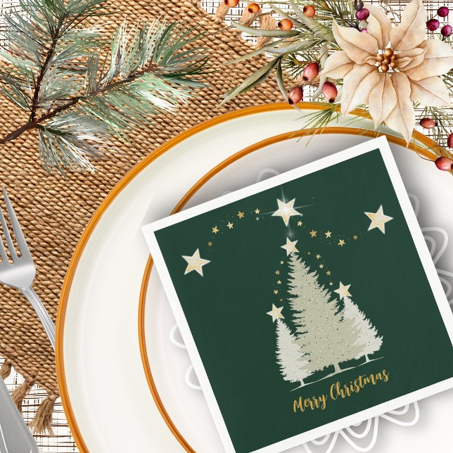 Grönt och Guld Julgran och Stars Pappra Pappersservett (Green and Gold Christmas Tree and Stars Paper Napkins)