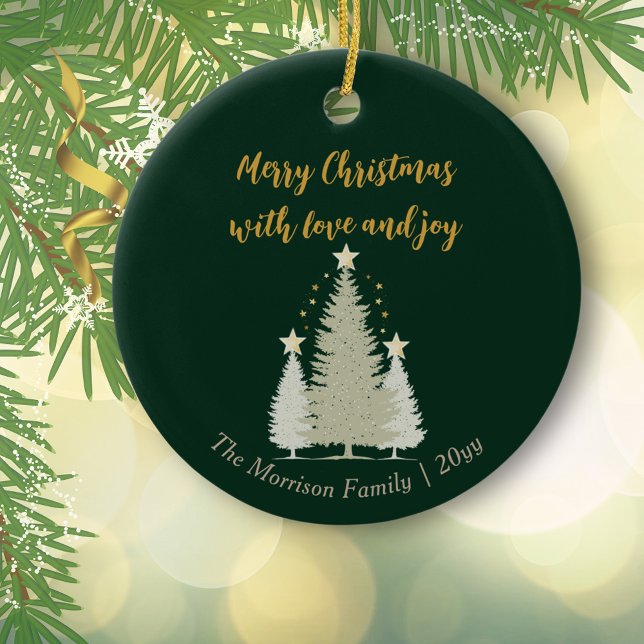 Grönt och Guld Julgran och stjärnor Julgransprydnad Keramik (Green and Gold Christmas Tree and Stars Ceramic Ornament)