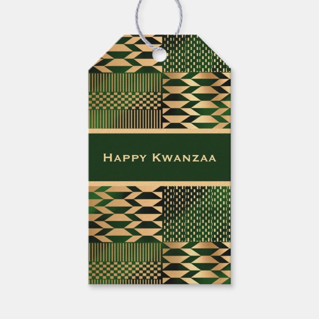 Grönt och Guld Kente "Lycklig Kwanzaa" Presentetikett (Framsidan)