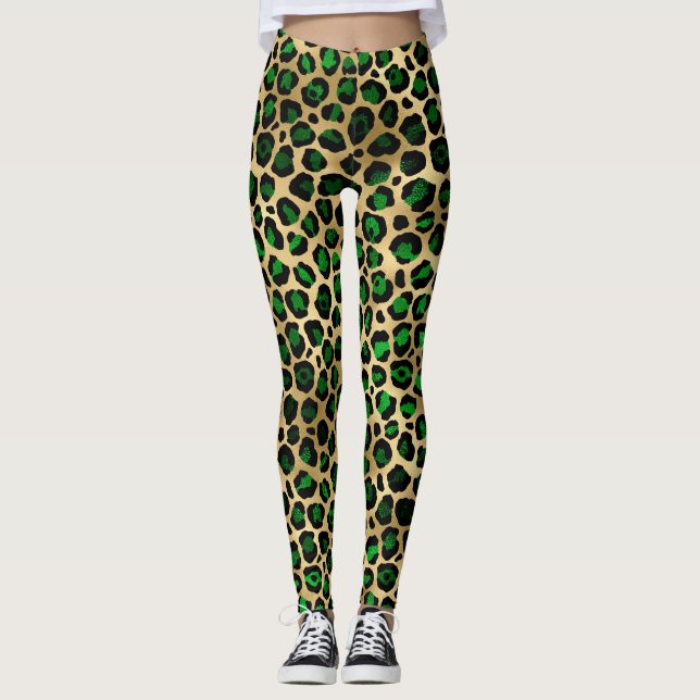 Grönt och Guld Leopard Leggings (Framsida)