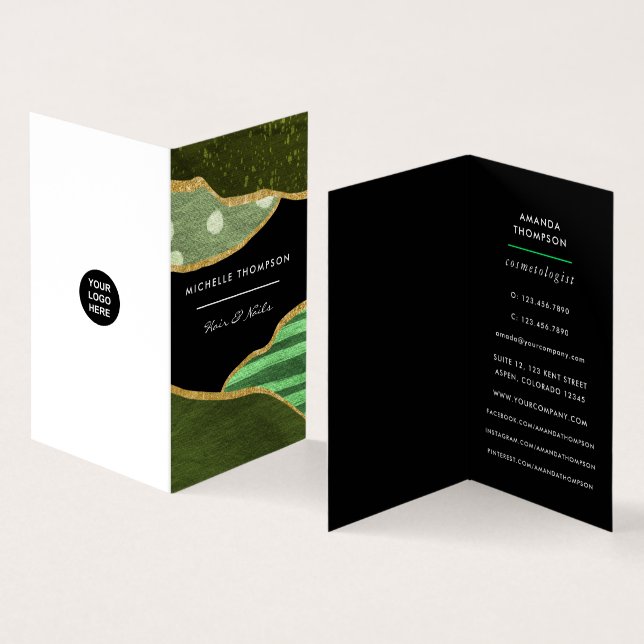 Grönt och Guld Linen Fabric Visitkort (In- och utsida)