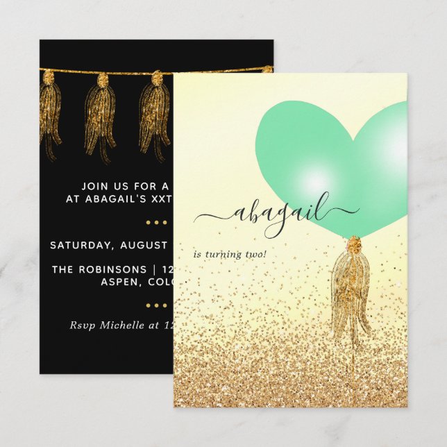 Grönt och Guld och Rosa Födelsedagsfest inbjudan (Fram/baksida)