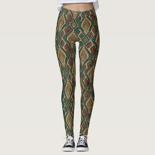 Grönt och guld Ormskinnsmönster - Djurtryck Leggings (Framsida)