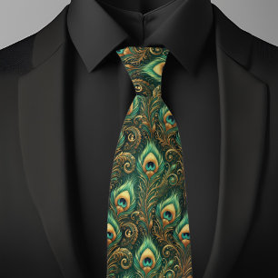 Grönt och Guld Peacock Feather Necktie Slips