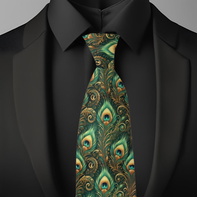Grönt och Guld Peacock Feather Necktie Slips (Skapare uppladdad)