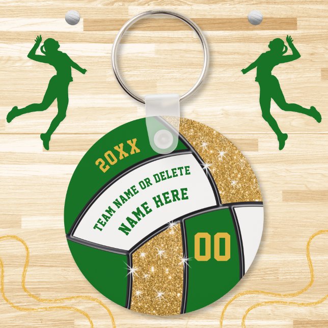 Grönt och Guld personaliserar Volleyball-partiets  Nyckelring (Personalized Volleyball Souvenirs. Cheap volleyball gifts. Green and Gold, volleyball party favors.)