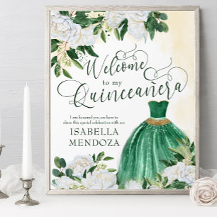 Grönt och Guld Princess Gown Quinceanera Välkommen Poster