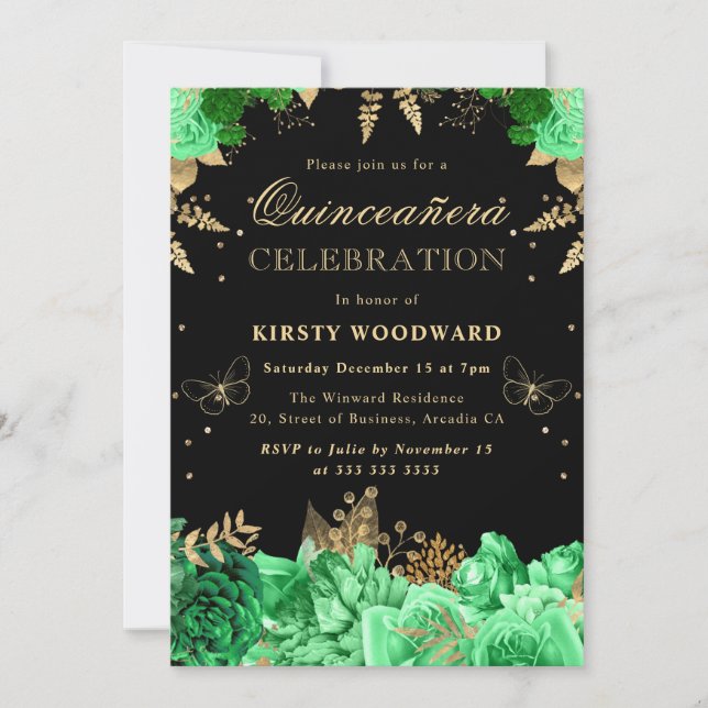 Grönt och Guld Ro Blommigt Quinceanera Inbjudningar (Framsida)
