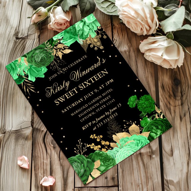 Grönt och Guld Ro Gräns Blommigt Sweet sixteen Inbjudningar (Skapare uppladdad)