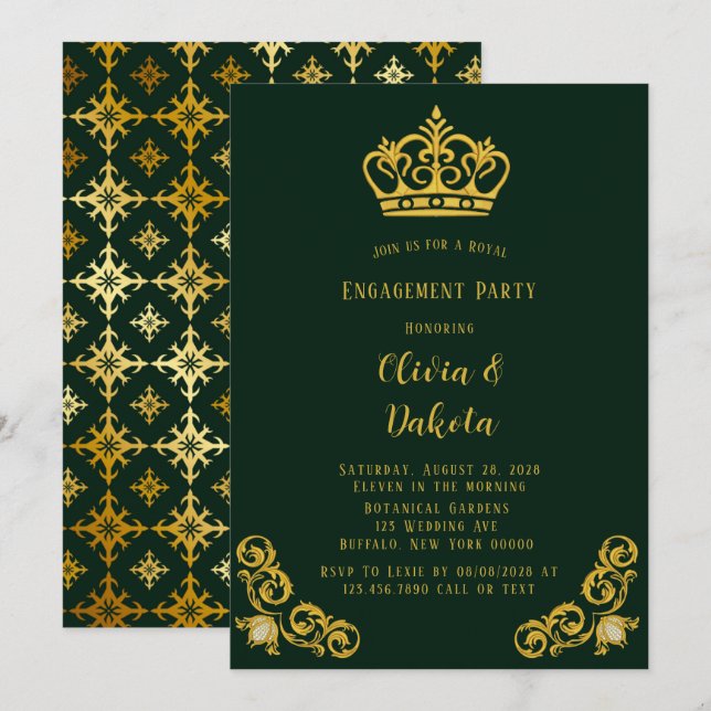 Grönt och Guld Royal Bröllop Förlovningsfesten Inbjudningar (Fram/baksida)