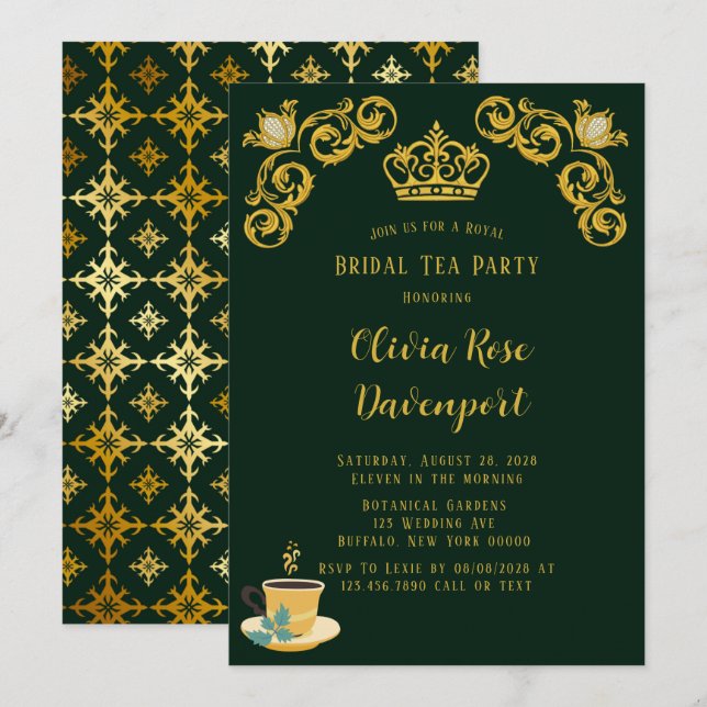 Grönt och Guld Royal Krona Damaskaken Möhippa Tea  Inbjudningar (Fram/baksida)