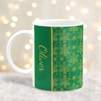 Grönt och Guld Snöflingor Mugg jul med Namn