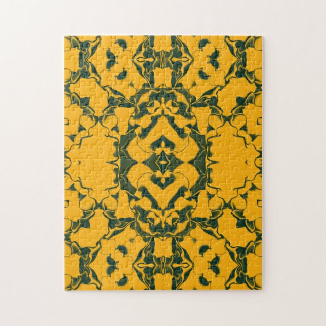 Grönt och guld spetsigt kalejdoskopiskt mönster pussel (Vertikal)