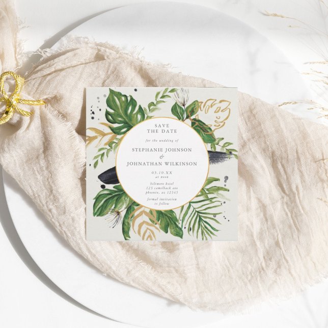 Grönt och Guld Tropical Bröllop Spara Spara Datumet (Green & Gold Watercolor Tropical Wedding Save The Save The Date)