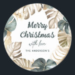 Grönt och Guld Tropiska Handflatan-andejul Runt Klistermärke<br><div class="desc">Tropiska vattenfärgsfärger grönt och guld handflatan utandning God jul Stickers Gift Märkre. Klicka på knappen Redigera/anpassa för att anpassa designen med texten.</div>