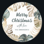 Grönt och Guld Tropiska Handflatan-andejul Runt Klistermärke<br><div class="desc">Tropiska vattenfärgsfärger grönt och guld handflatan utandning God jul Stickers Gift Märkre. Klicka på knappen Redigera/anpassa för att anpassa designen med texten.</div>