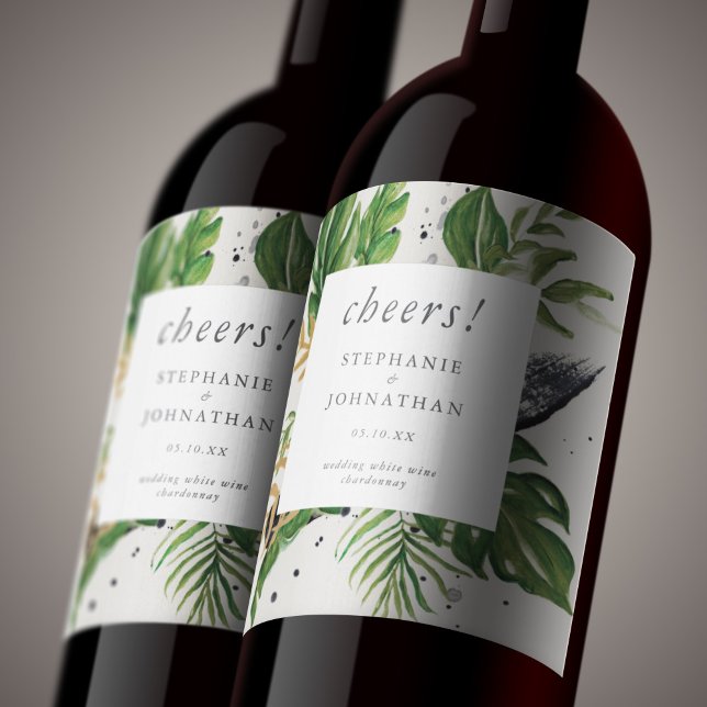 Grönt och Guld vattenfärg Tropical Bröllop Vinflaska Etikett (Green & Gold Watercolor Tropical Wedding Wine Label)